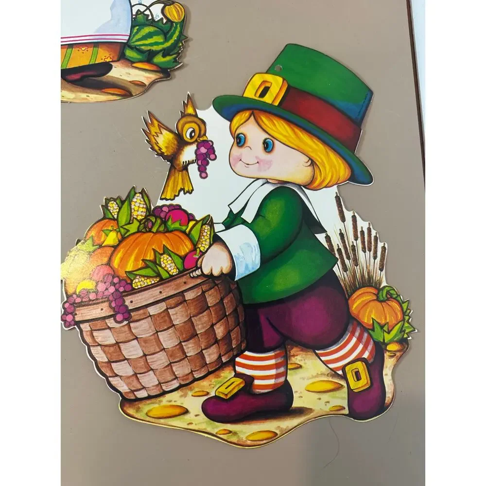 Lot of 3 Thanksgiving Die Cut Window Decorations Pilgrim Indian Beistle 1978